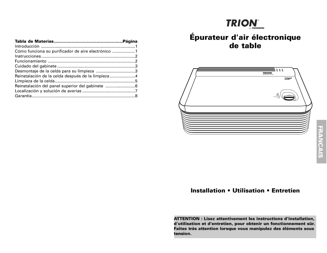 Fedders 120V/60Hz warranty Installation Utilisation Entretien, Tabla de Materias Página 