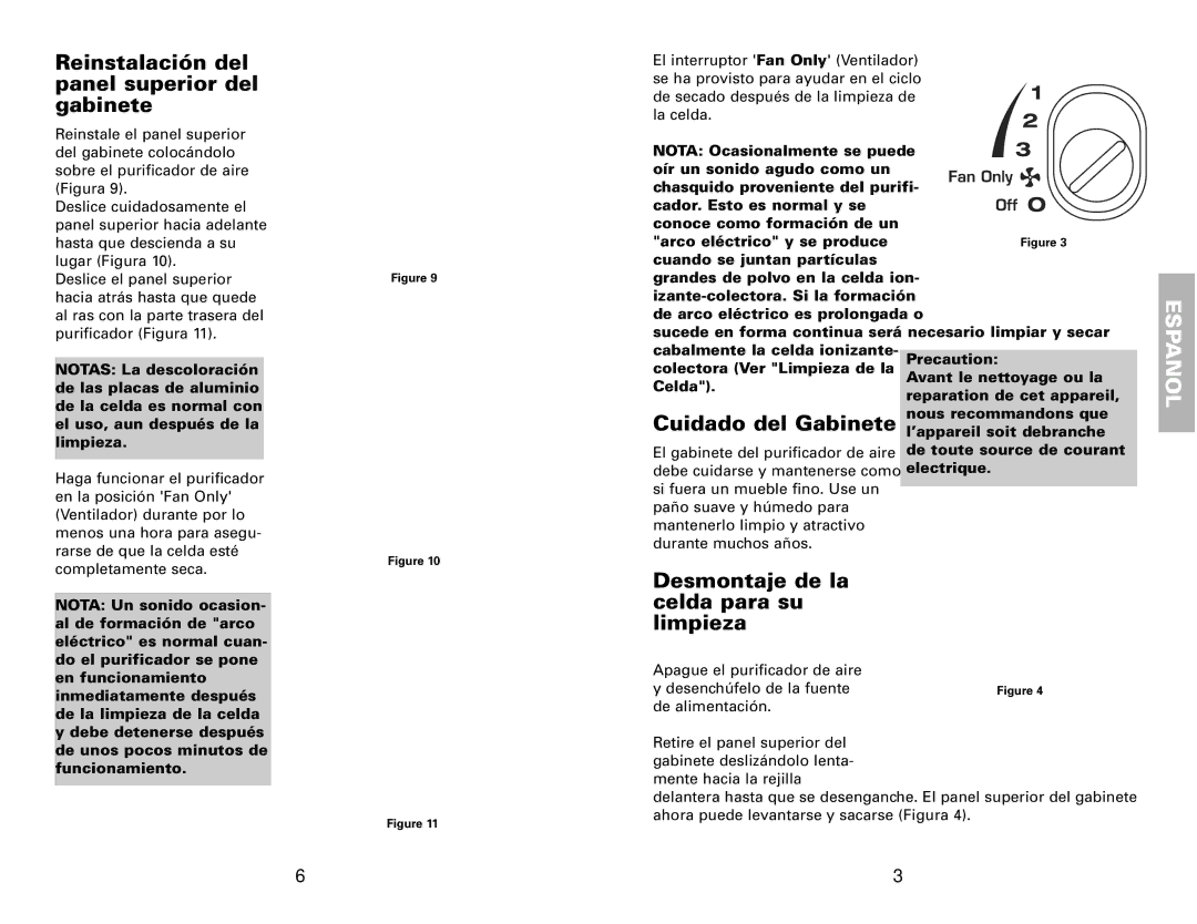 Fedders 120V/60Hz warranty Reinstalación del panel superior del gabinete, Cuidado del Gabinete 