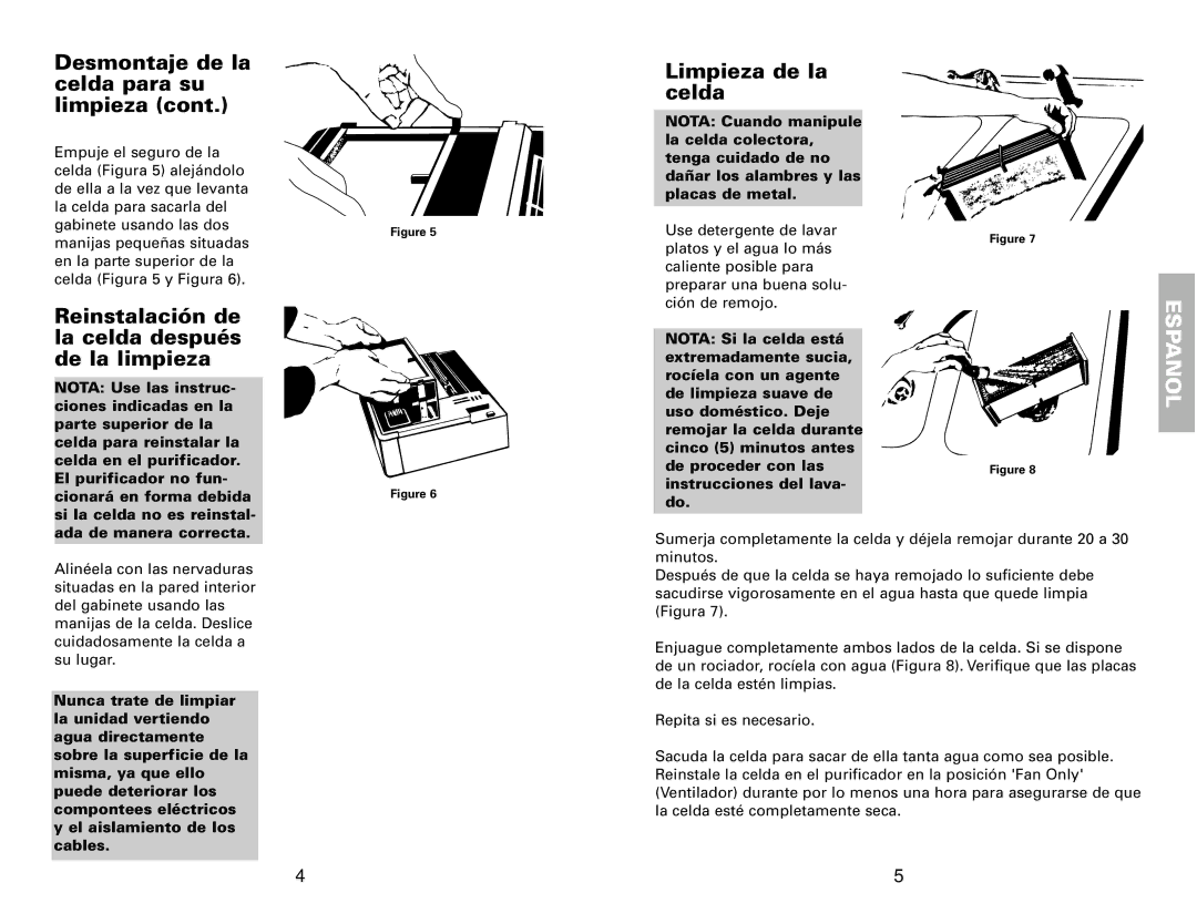 Fedders 120V/60Hz warranty Reinstalación de la celda después de la limpieza, Limpieza de la celda 