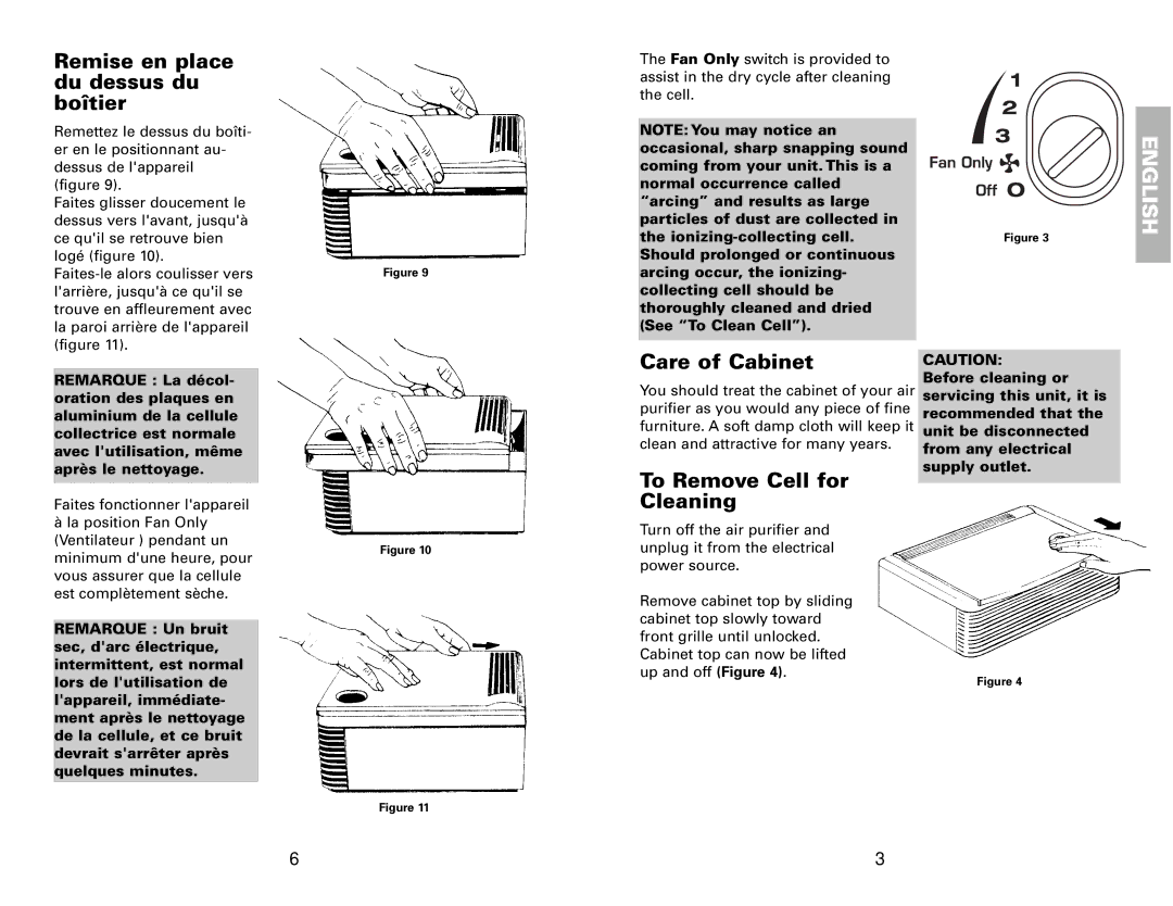 Fedders 120V/60Hz warranty Remise en place du dessus du boîtier, Care of Cabinet, To Remove Cell for Cleaning 