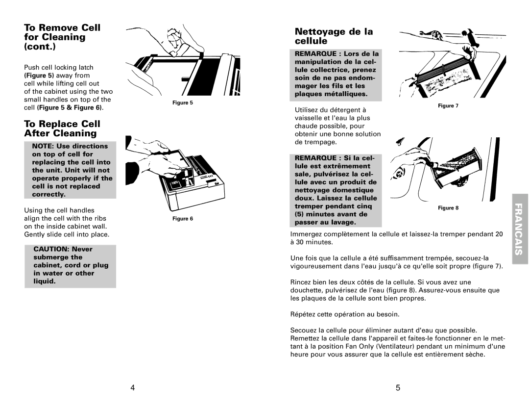 Fedders 120V/60Hz warranty To Replace Cell After Cleaning Nettoyage de la cellule, Francais, Cell & Figure 