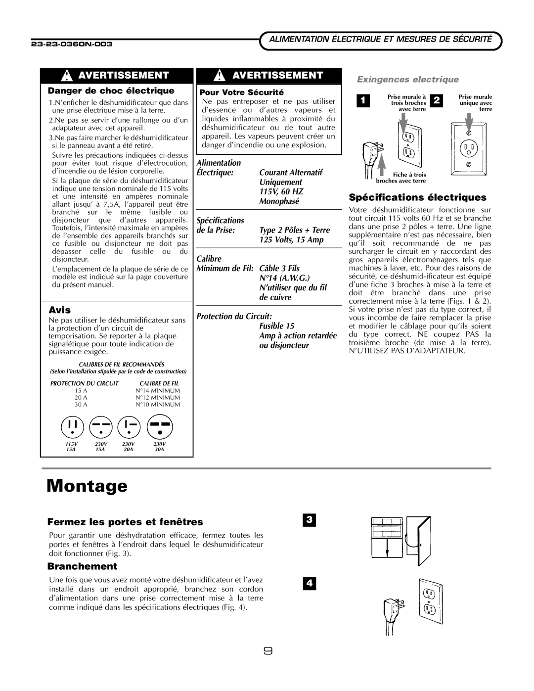 Fedders A3DH30B2A Avis, Spécifications électriques, Fermez les portes et fenêtres, Branchement, Pour Votre Sécurité 