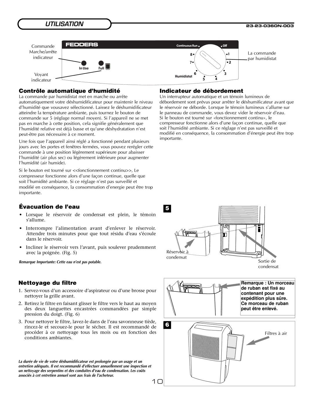 Fedders A3DH30B2A Utilisation, Contrôle automatique d’humidité, Indicateur de débordement, Évacuation de l’eau 