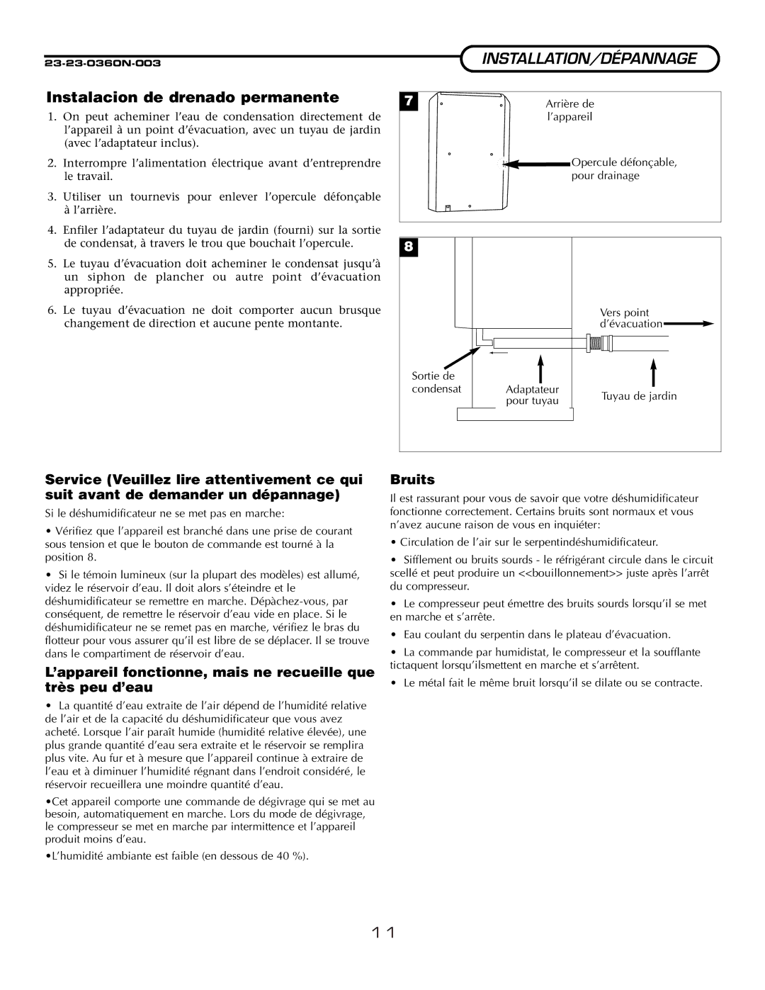 Fedders A3DH30B2A Installation/Dépannage, ’appareil fonctionne, mais ne recueille que très peu d’eau, Bruits 