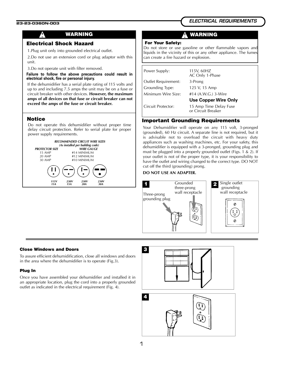 Fedders A3DH30B2A Electrical Shock Hazard, Important Grounding Requirements, For Your Safety, Close Windows and Doors 