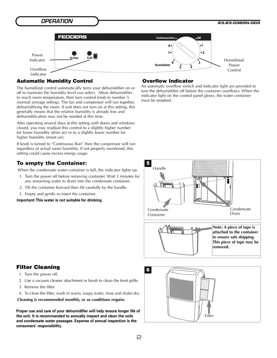 Fedders A3DH30B2A important safety instructions Operation, Automatic Humidity Control, Overflow Indicator 