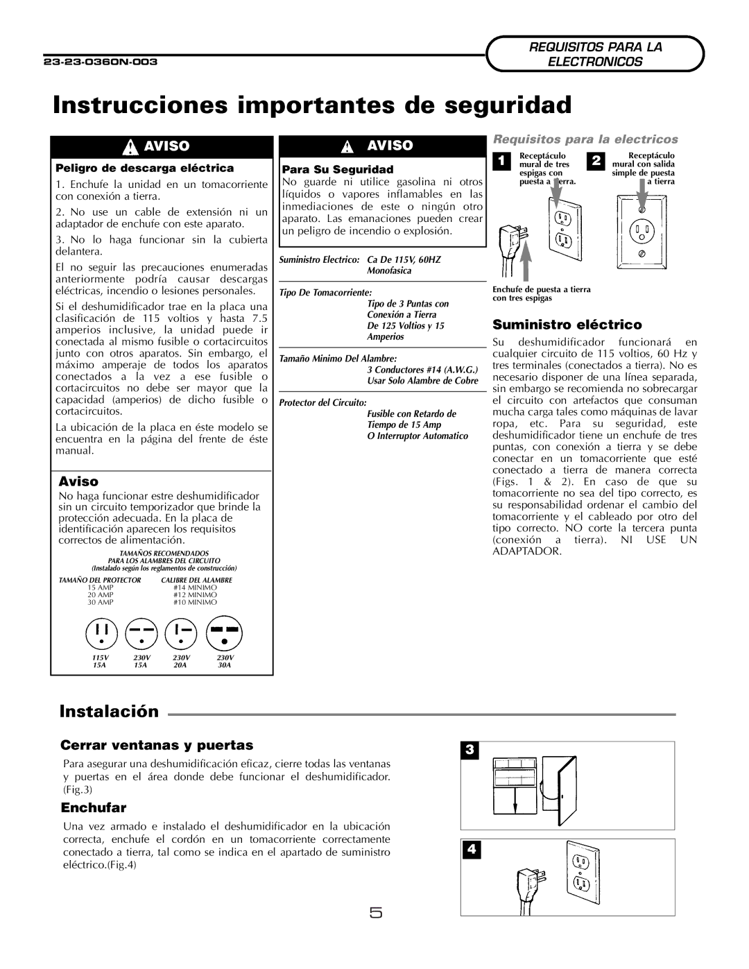 Fedders A3DH30B2A important safety instructions Aviso, Suministro eléctrico, Cerrar ventanas y puertas, Enchufar 