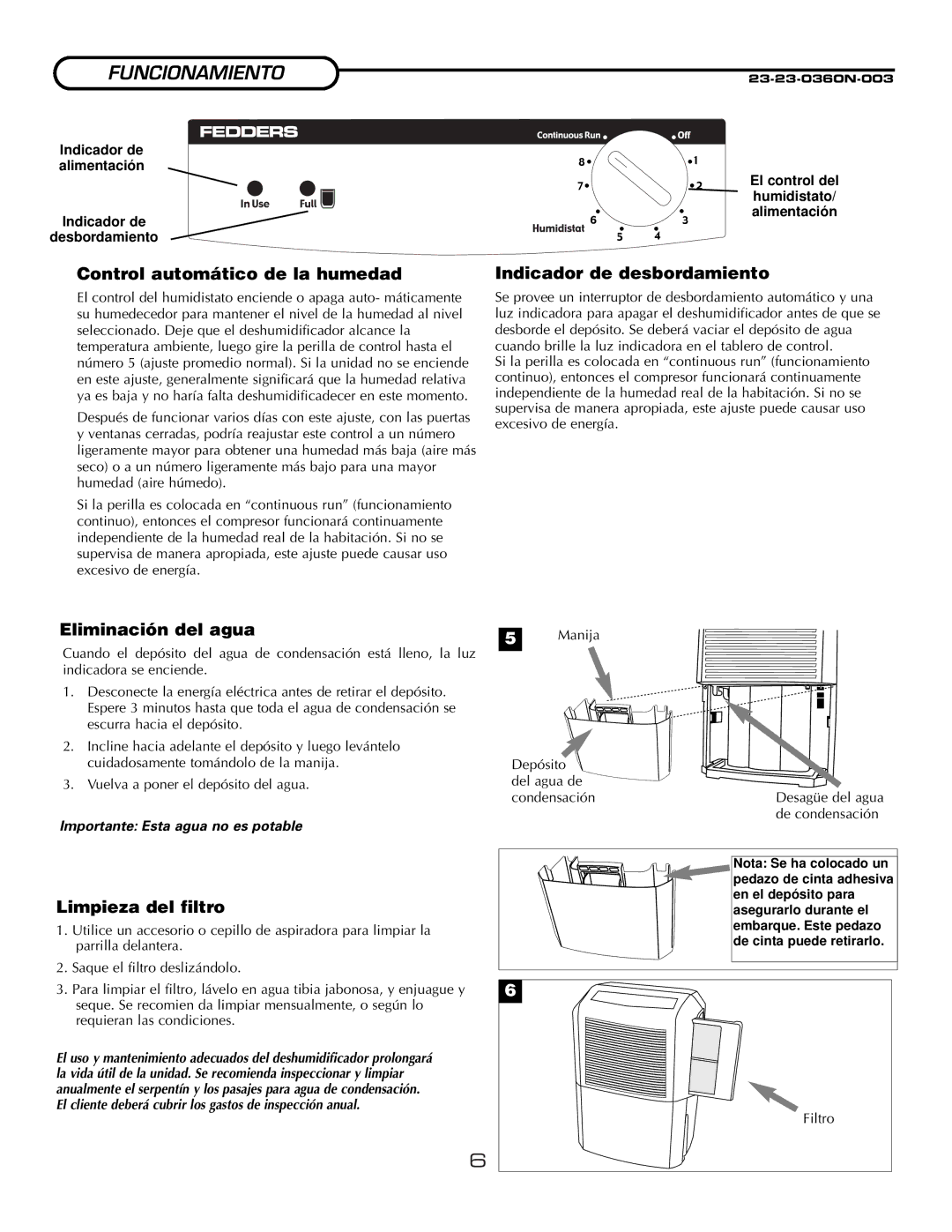 Fedders A3DH30B2A Funcionamiento, Control automático de la humedad, Eliminación del agua, Limpieza del filtro 