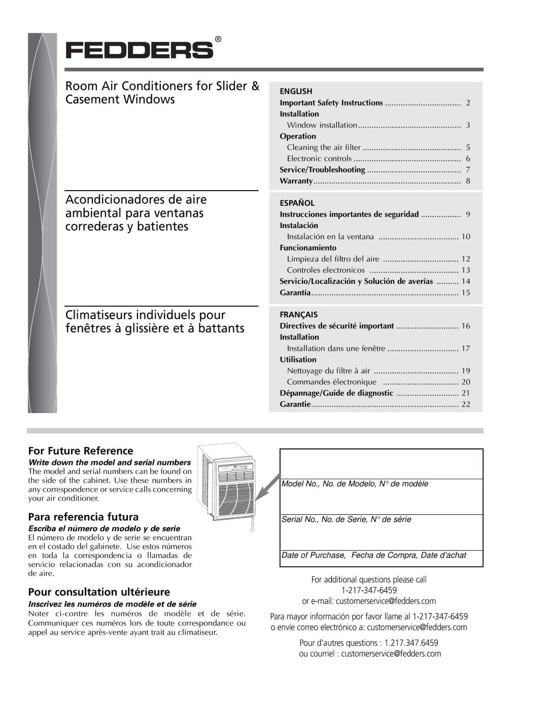 Fedders A6V05S2B important safety instructions For Future Reference, Para referencia futura, Pour consultation ultérieure 