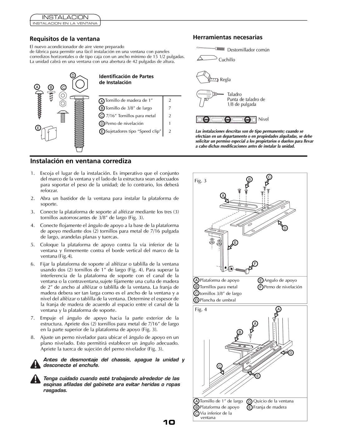 Fedders A6V05S2B Instalación en ventana corrediza, Requisitos de la ventana, Herramientas necesarias 