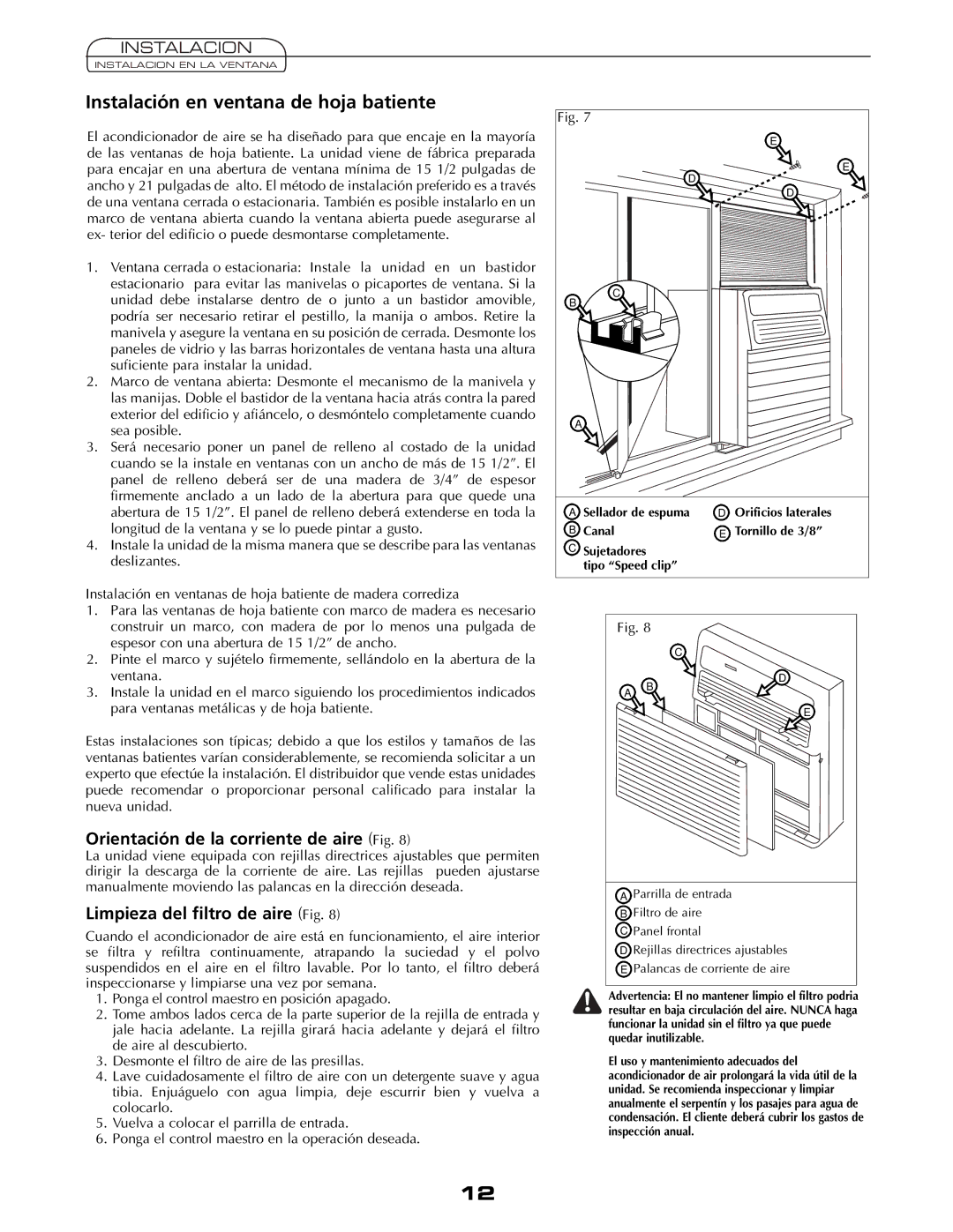 Fedders A6V05S2B Instalación en ventana de hoja batiente, Orientación de la corriente de aire Fig 