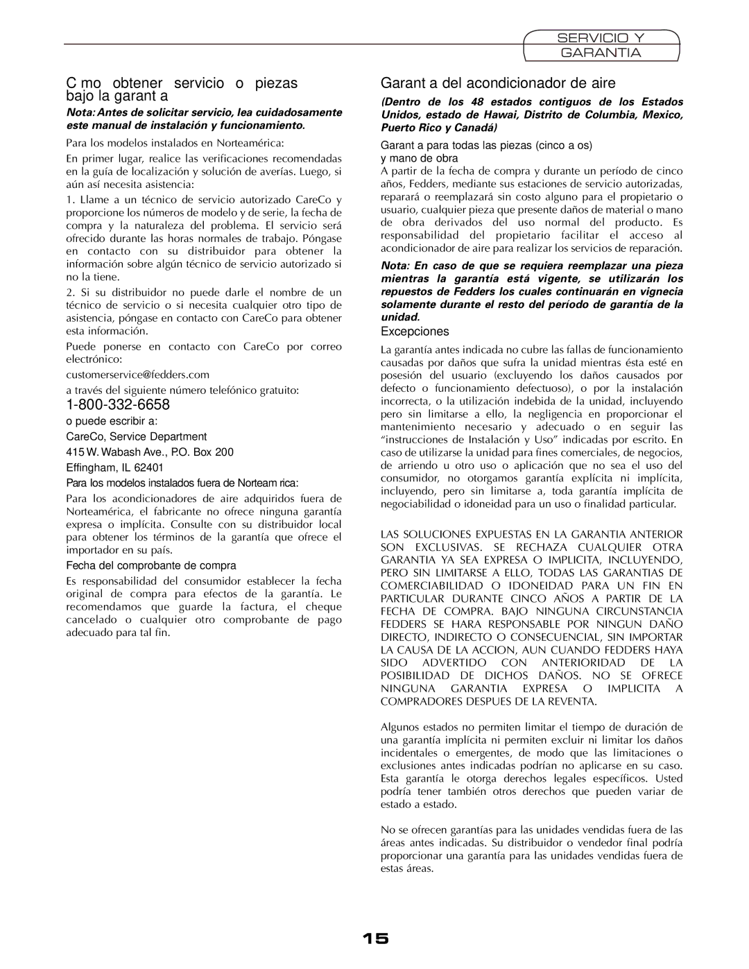 Fedders A6V05S2B Cómo obtener servicio o piezas bajo la garantía, Garantía del acondicionador de aire, Servicio Y Garantia 