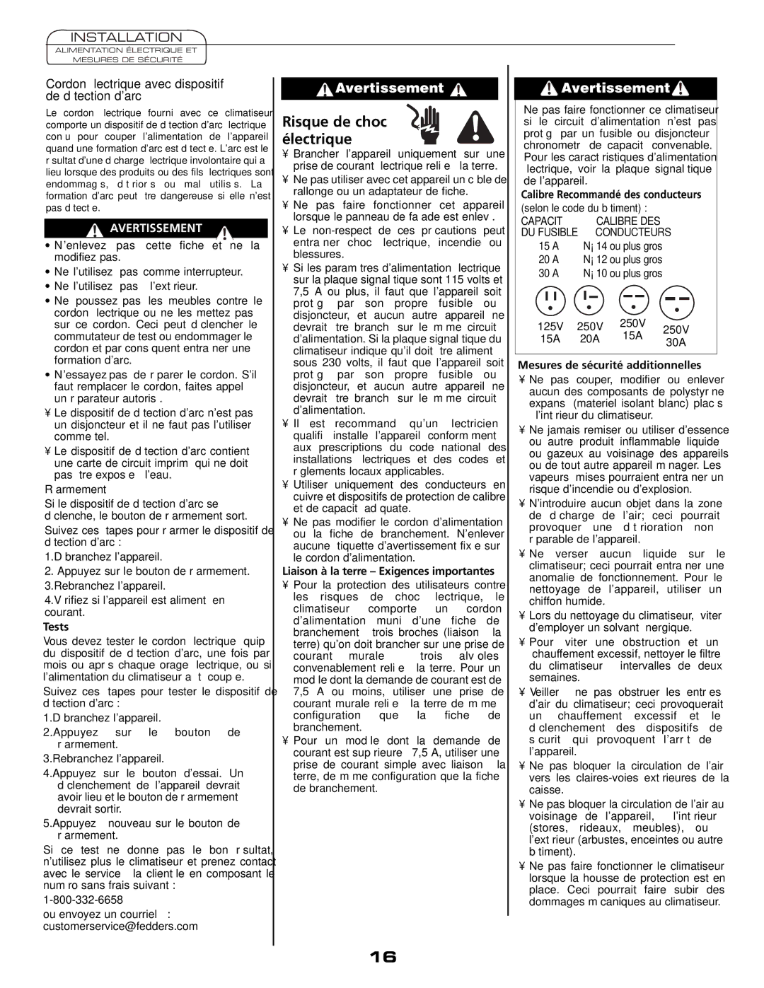 Fedders A6V05S2B Risque de choc électrique, Cordon électrique avec dispositif de détection darc 