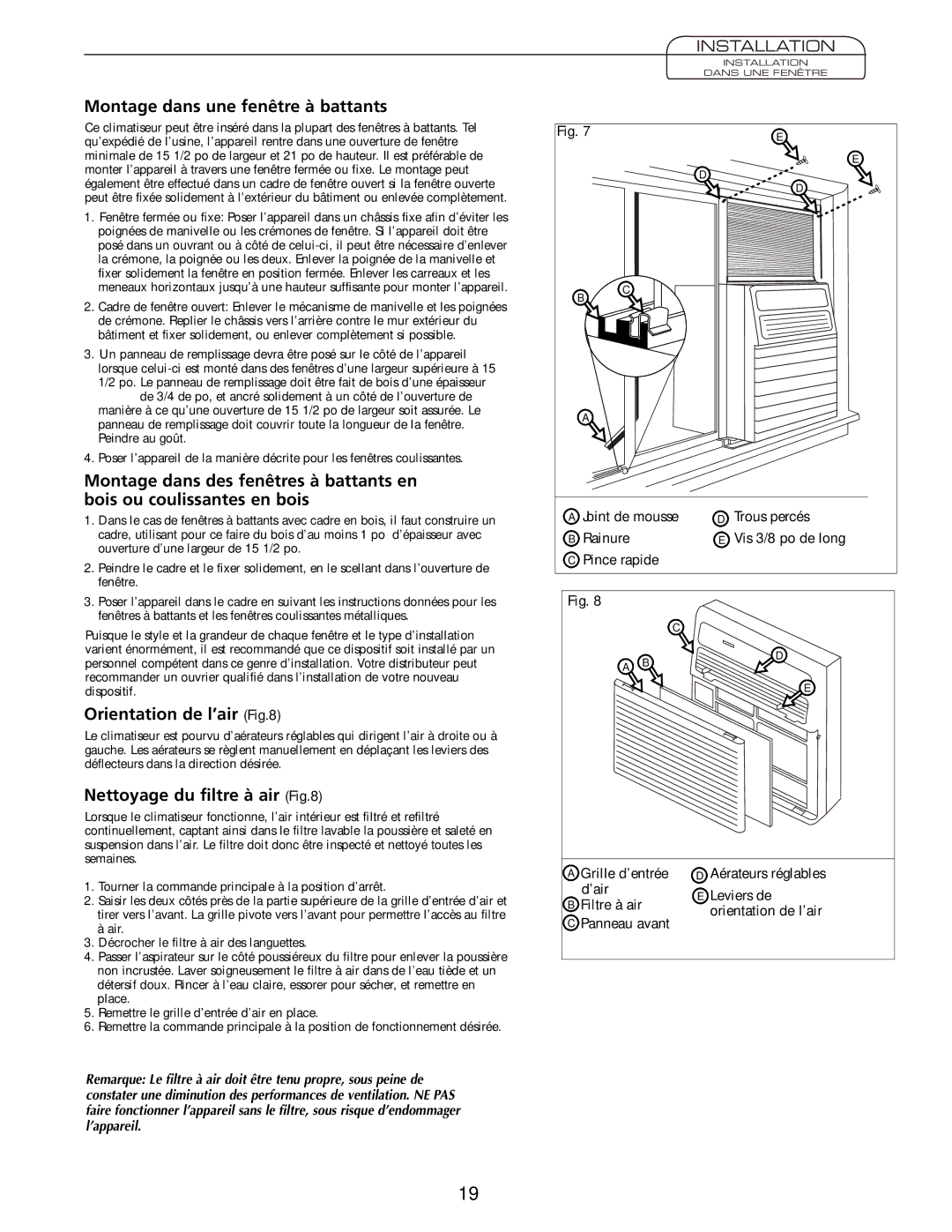 Fedders A6V05S2B Montage dans une fenêtre à battants, Orientation de l’air, Nettoyage du filtre à air 