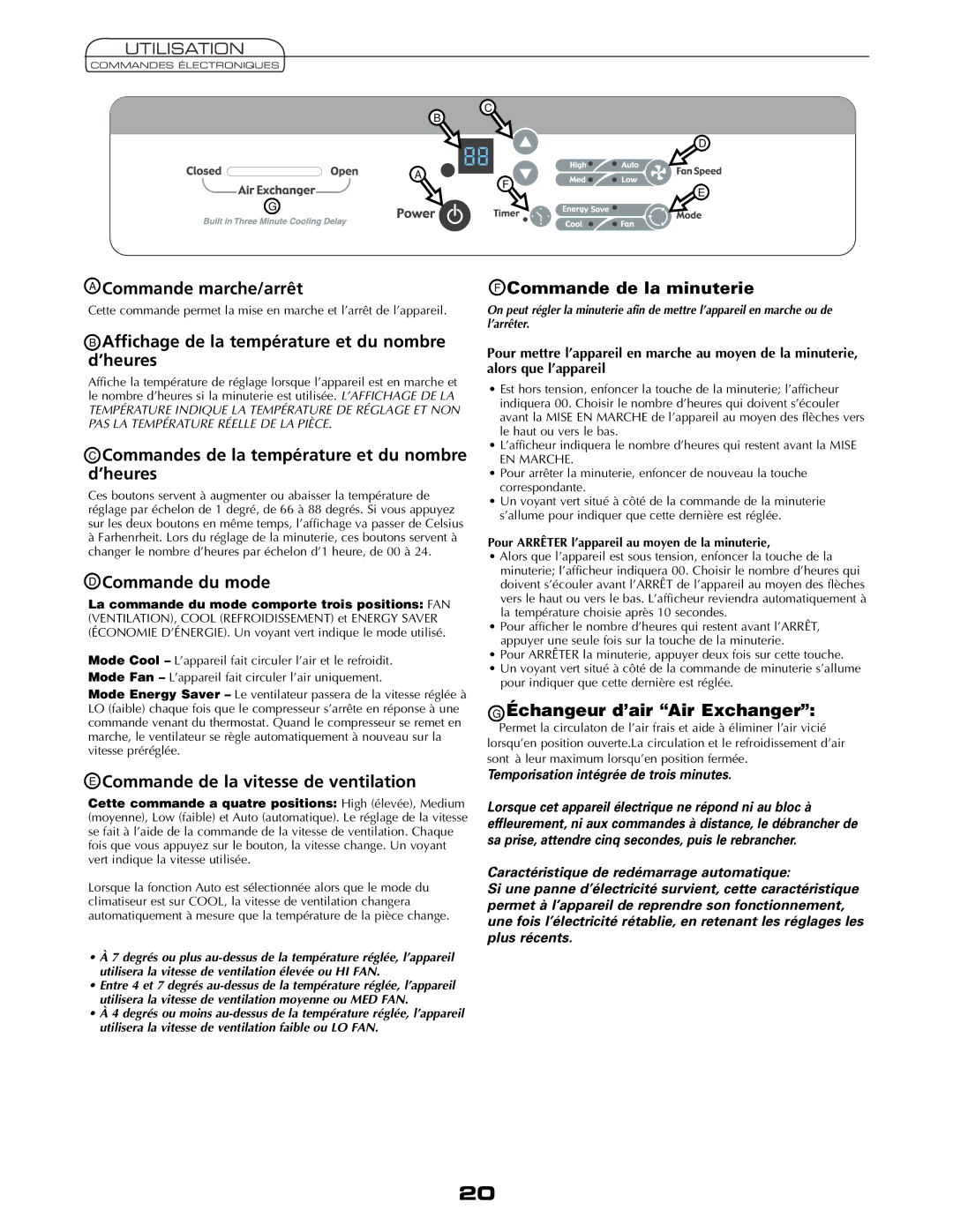 Fedders A6V05S2B Commande marche/arrêt, Affichage de la température et du nombre d’heures, Commande du mode 