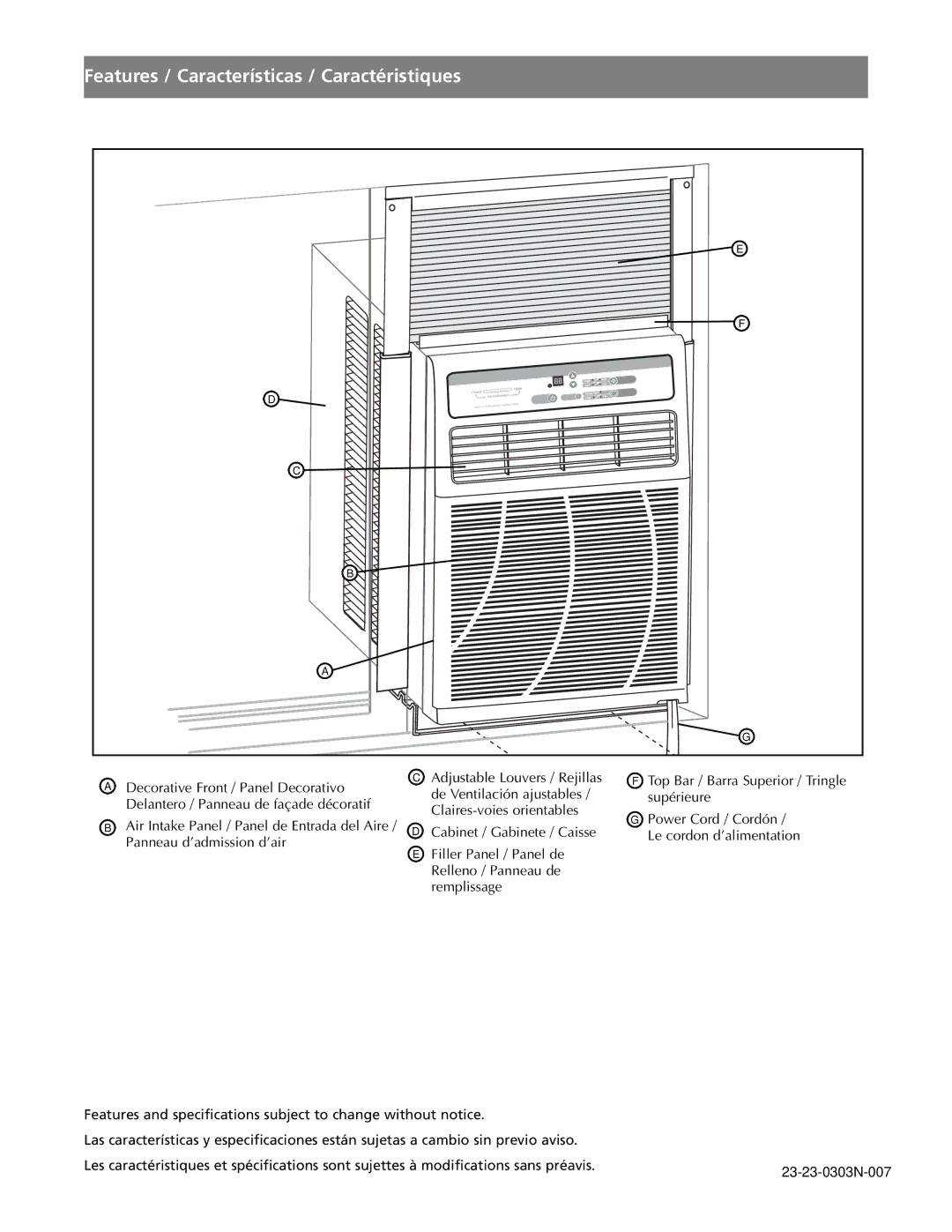 Fedders A6V05S2B important safety instructions Features / Características / Caractéristiques 