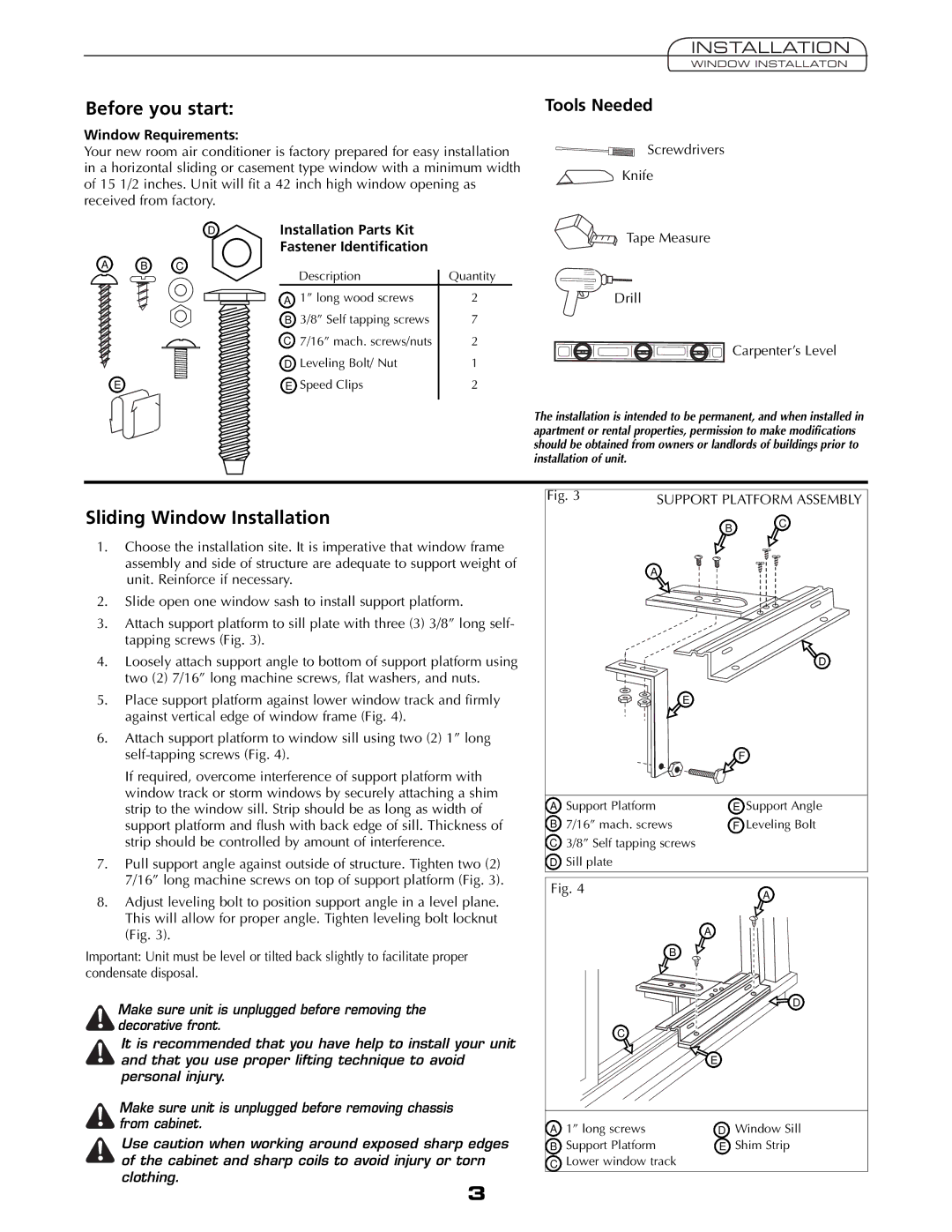 Fedders A6V05S2B Before you start, Sliding Window Installation, Tools Needed, Window Requirements 