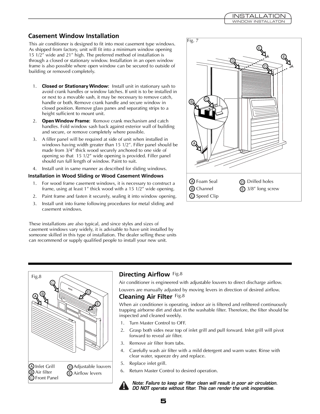 Fedders A6V05S2B important safety instructions Casement Window Installation, Directing Airflow, Cleaning Air Filter 