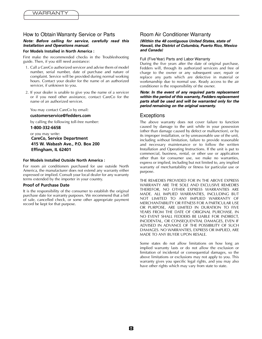 Fedders A6V05S2B How to Obtain Warranty Service or Parts, Room Air Conditioner Warranty, Exceptions 