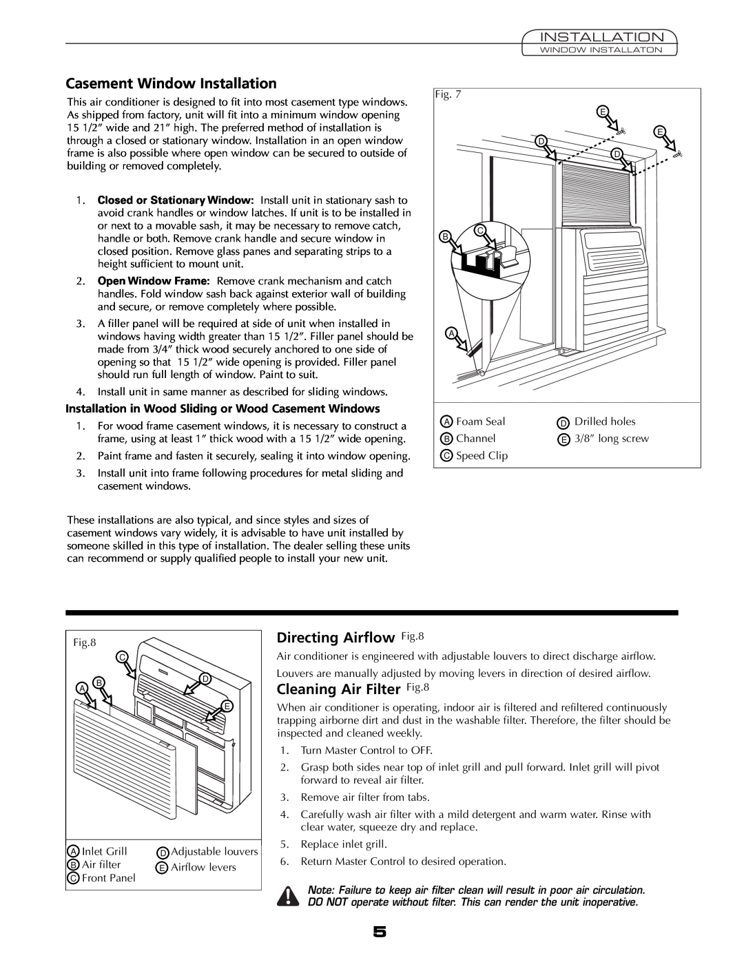 Fedders A6V05S2B important safety instructions Casement Window Installation, Directing Airflow, Cleaning Air Filter 