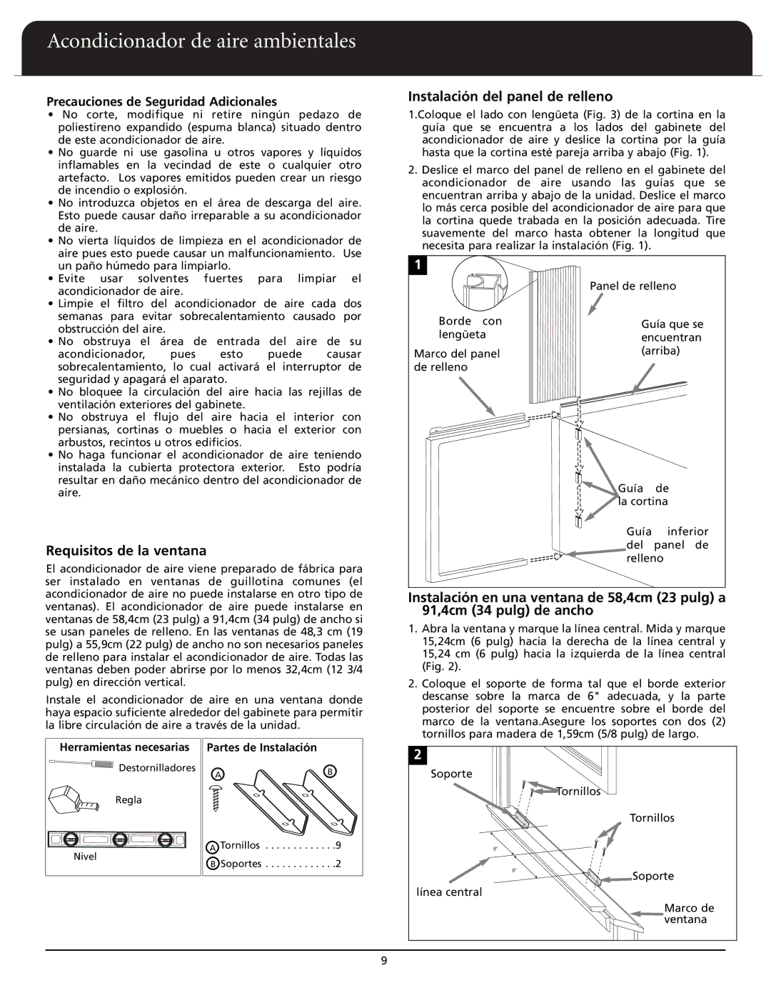 Fedders A6X05F2D Requisitos de la ventana, Instalación del panel de relleno, Precauciones de Seguridad Adicionales 