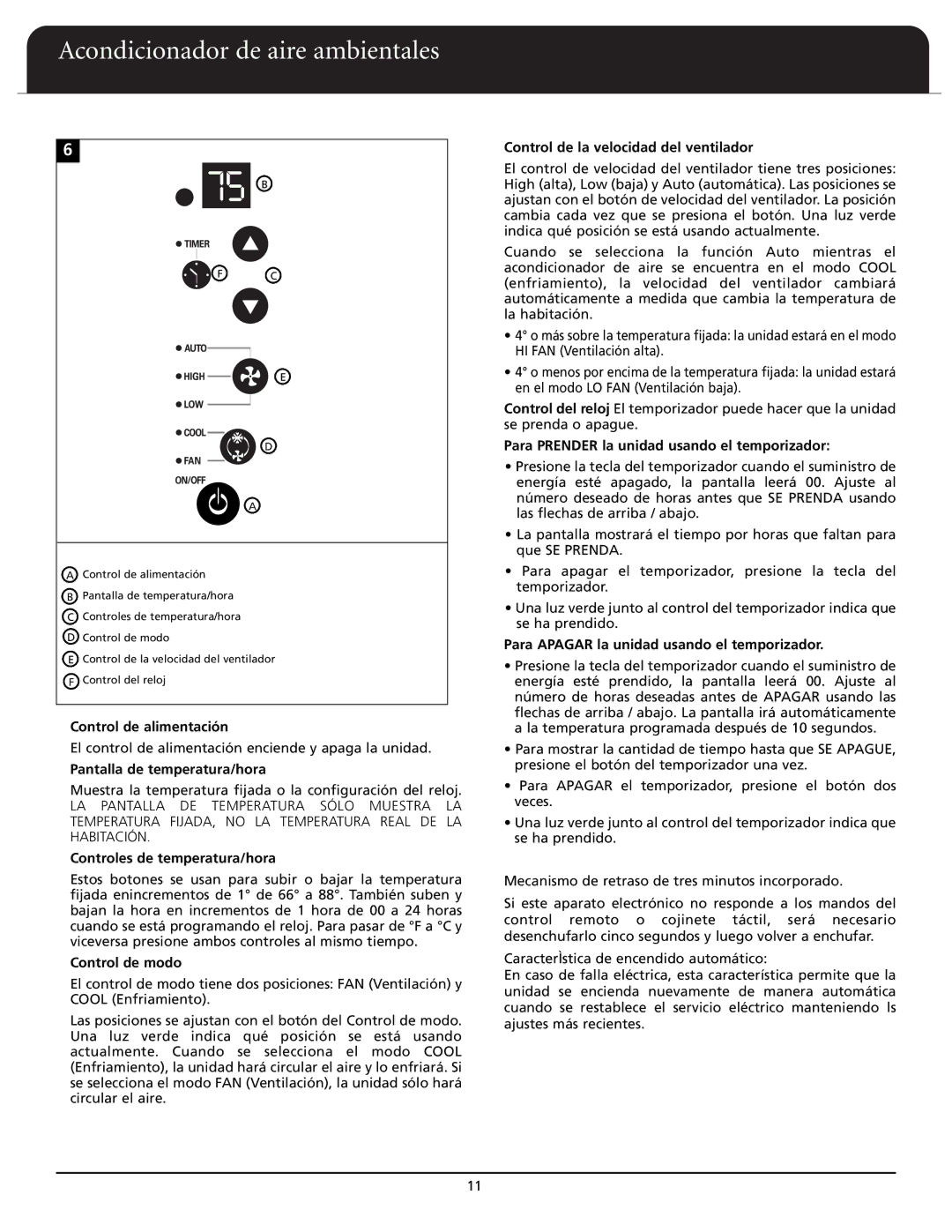 Fedders A6X05F2D Control de alimentación, Pantalla de temperatura/hora, Controles de temperatura/hora, Control de modo 