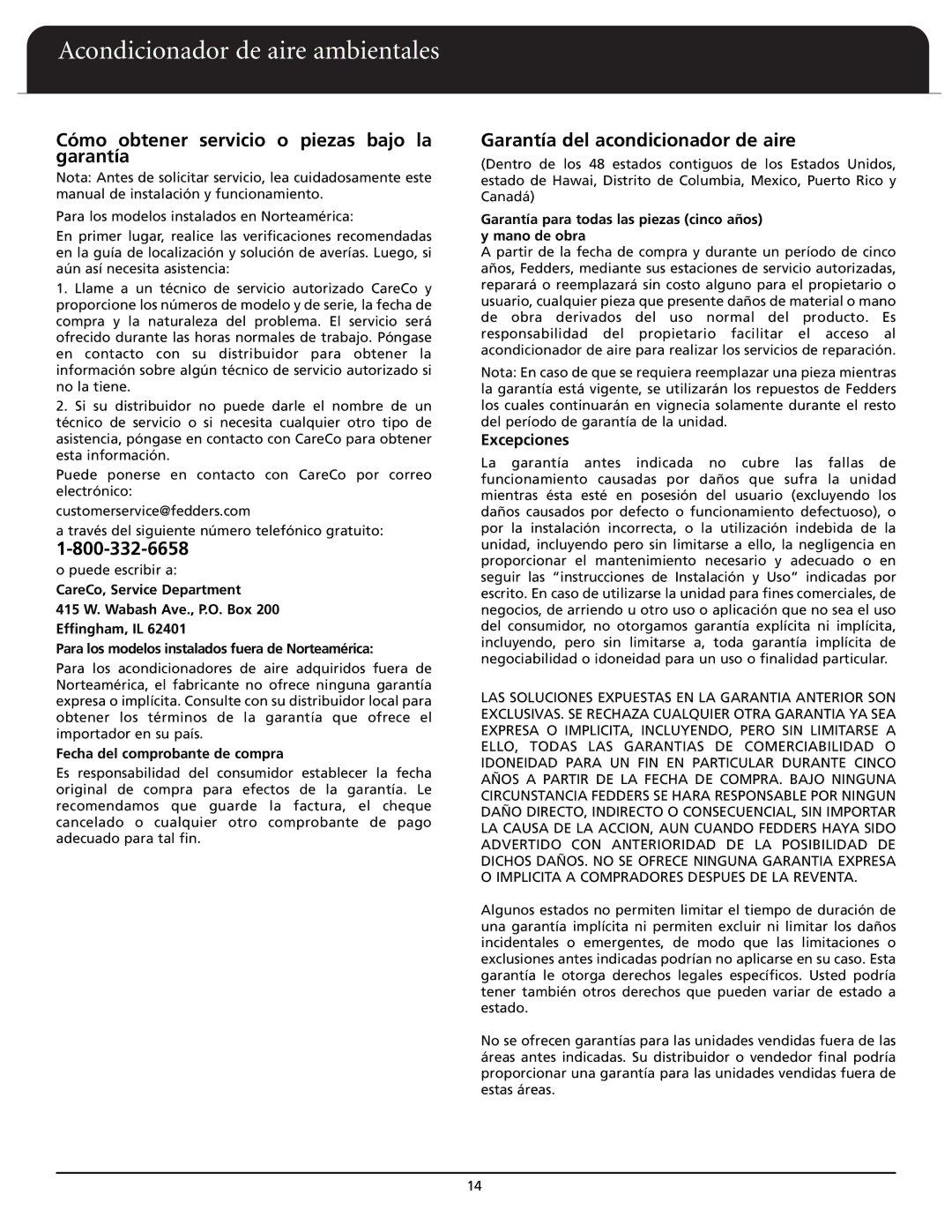 Fedders A6X05F2D Cómo obtener servicio o piezas bajo la garantía, Garantía del acondicionador de aire, Excepciones 