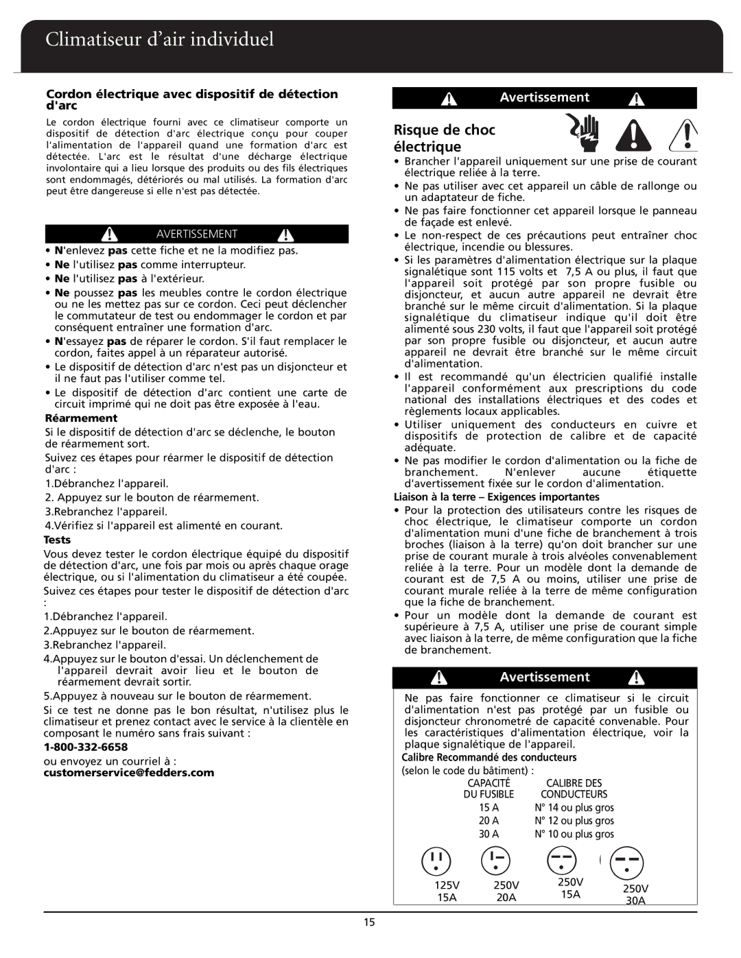 Fedders A6X05F2D Risque de choc électrique, Cordon électrique avec dispositif de détection darc, Réarmement, Tests 