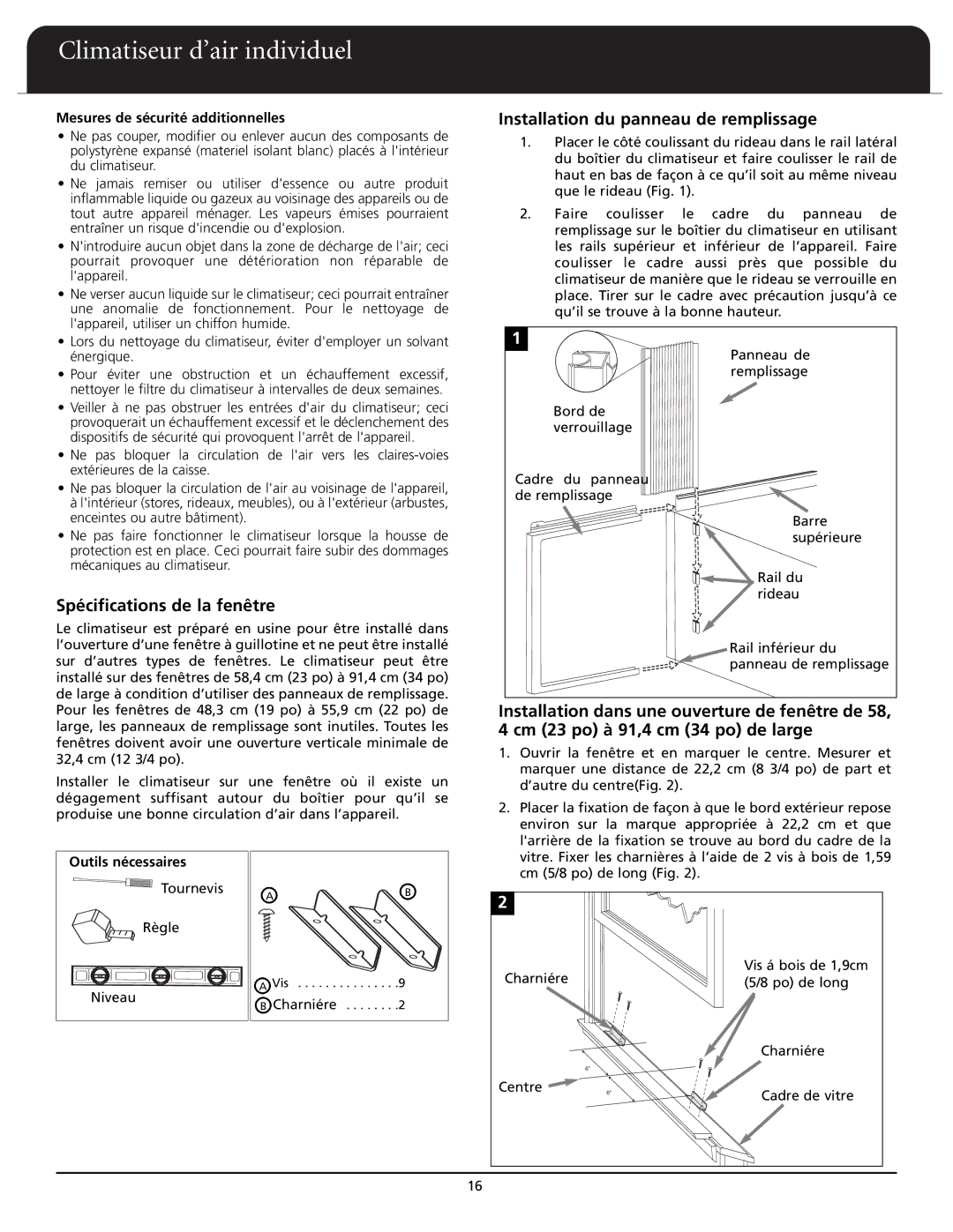 Fedders A6X05F2D Spéciﬁcations de la fenêtre, Installation du panneau de remplissage, Mesures de sécurité additionnelles 