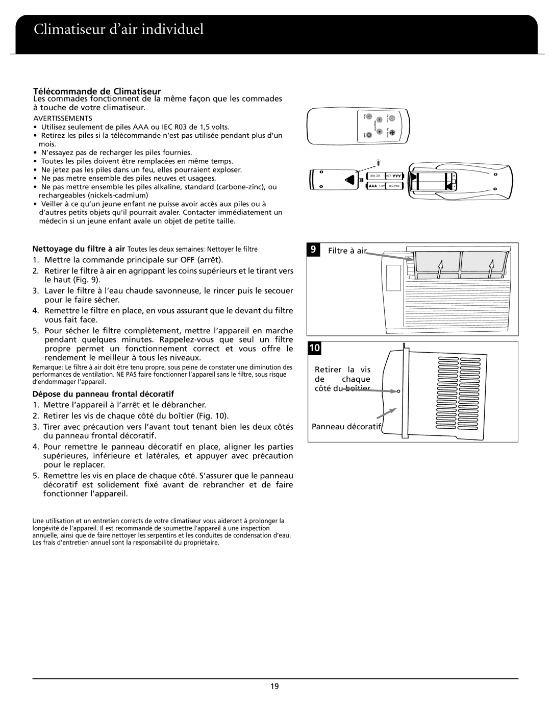 Fedders A6X05F2D important safety instructions Télécommande de Climatiseur, Dépose du panneau frontal décoratif 