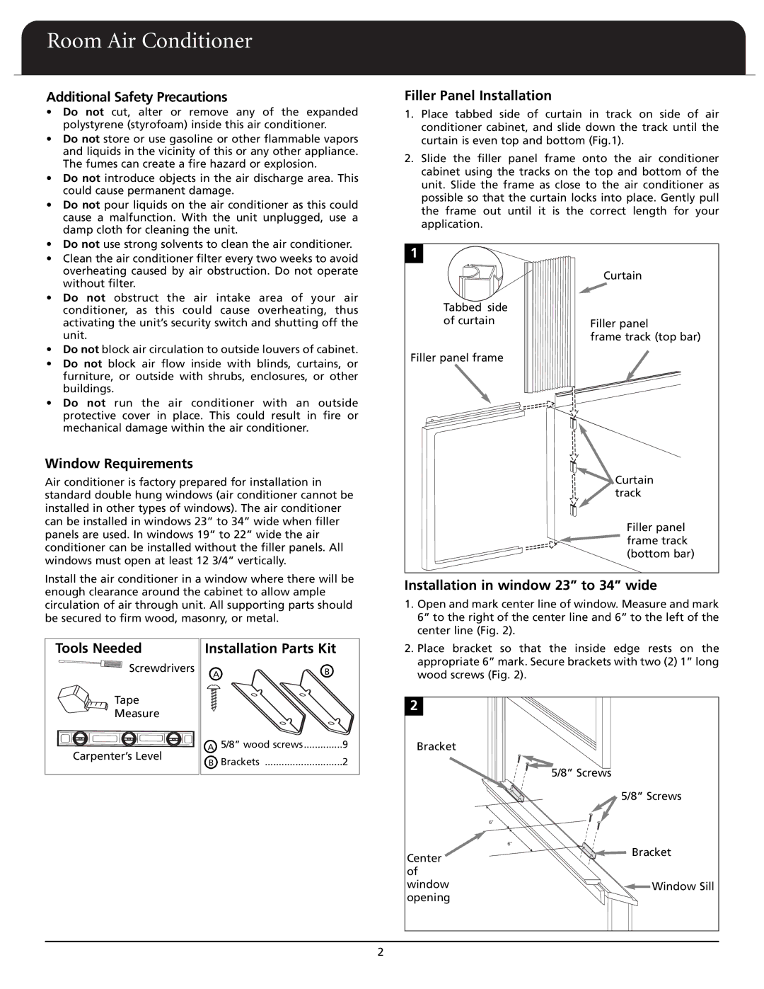 Fedders A6X05F2D Additional Safety Precautions, Window Requirements, Filler Panel Installation, Tools Needed 