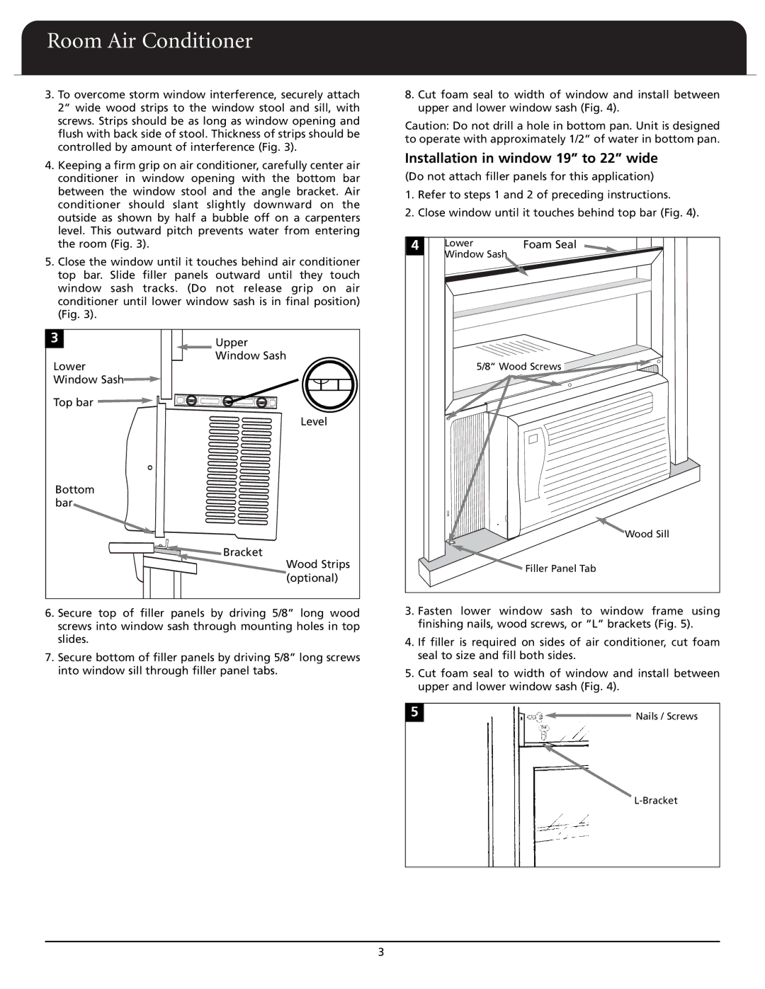 Fedders A6X05F2D important safety instructions Installation in window 19 to 22 wide 