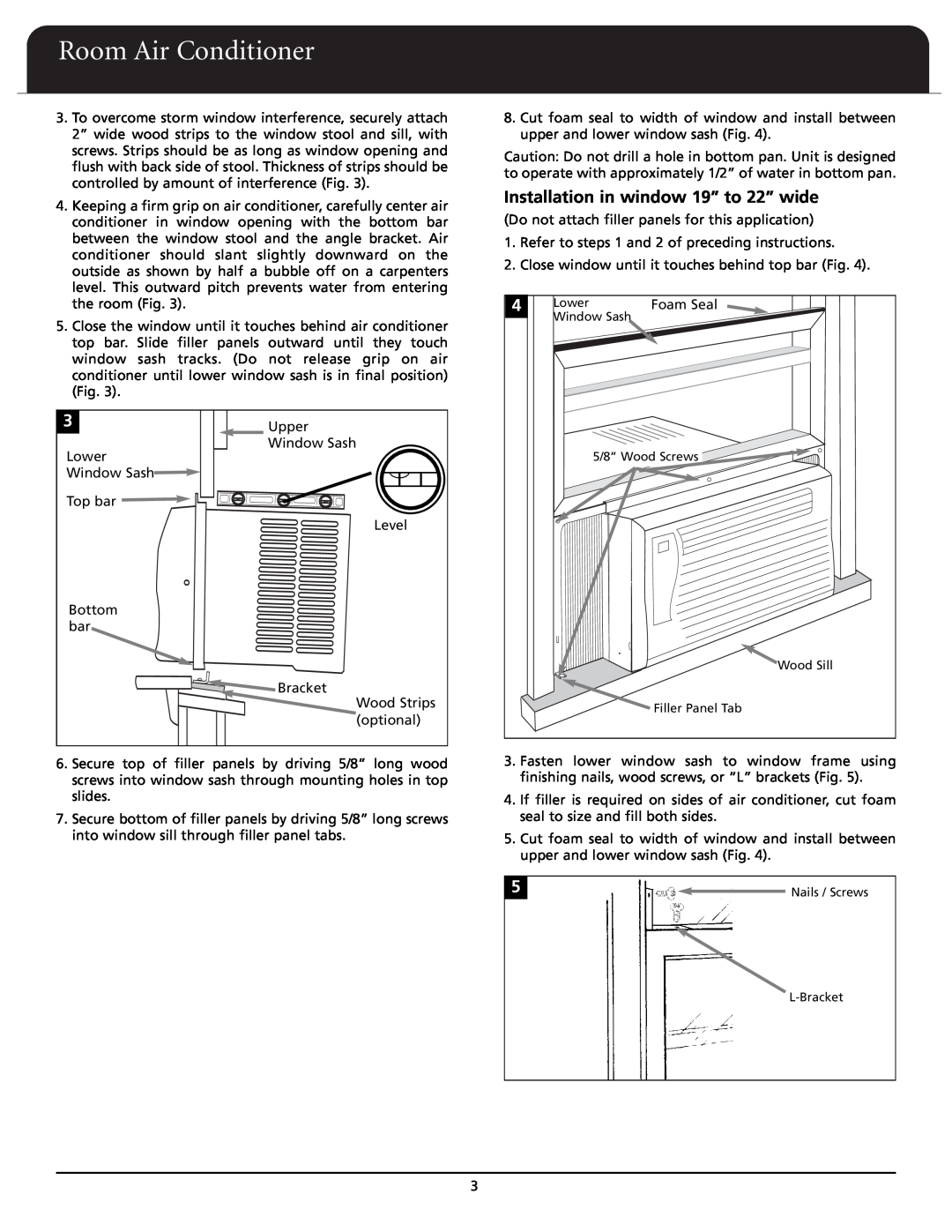Fedders A6X05F2D important safety instructions Installation in window 19” to 22” wide, Room Air Conditioner 