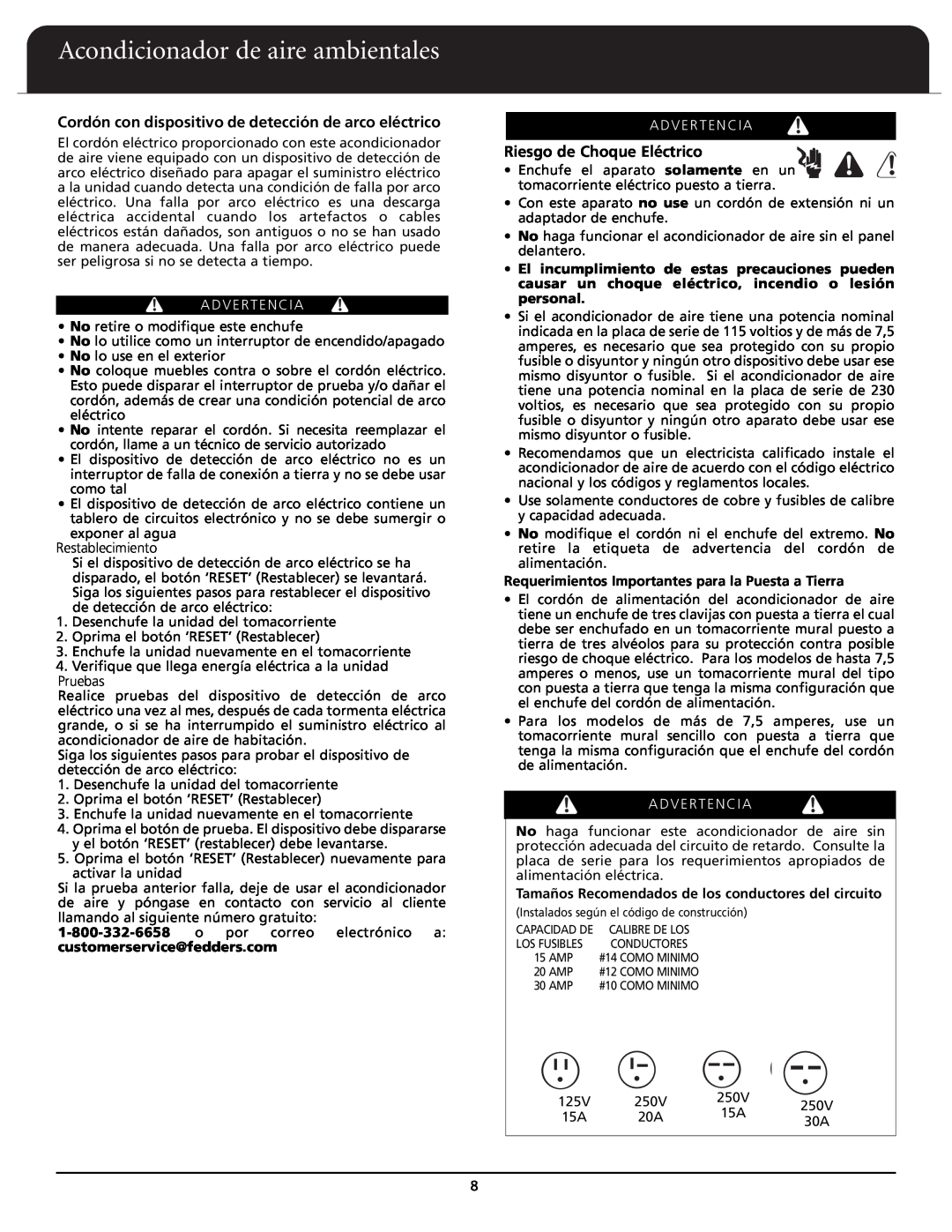 Fedders A6X05F2D important safety instructions Acondicionador de aire ambientales, Riesgo de Choque Eléctrico, Advertencia 