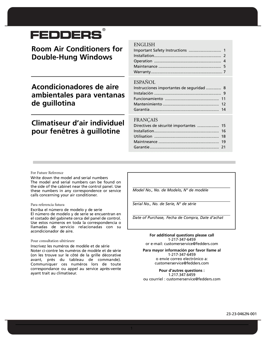 Fedders A6X05F2G important safety instructions For additional questions please call, Pour dautres questions 