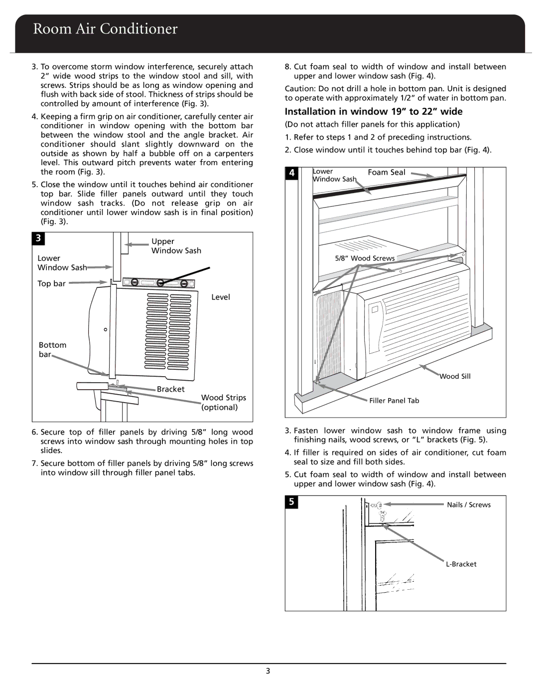 Fedders A6X05F2G important safety instructions Installation in window 19 to 22 wide 