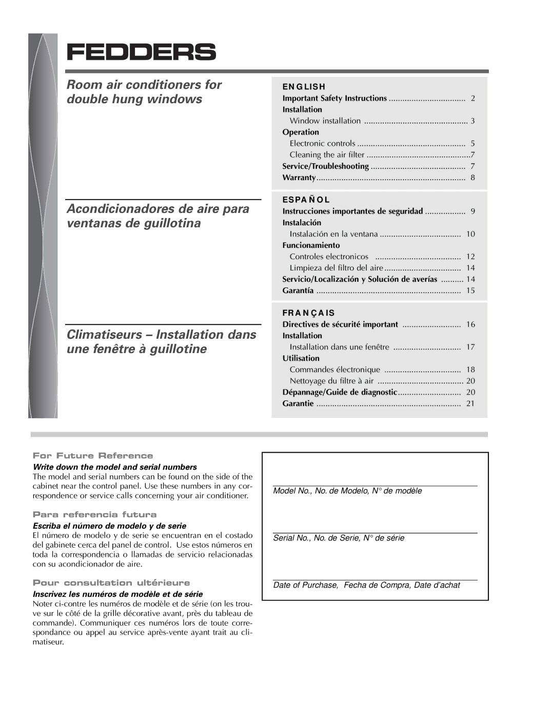 Fedders A7Q08F2B important safety instructions English, Garantía 