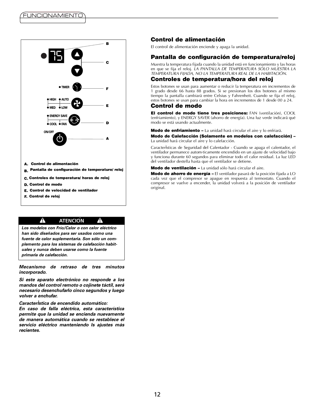 Fedders A7Q08F2B Control de alimentación, Pantalla de conﬁguración de temperatura/reloj, Control de modo, Atencion 