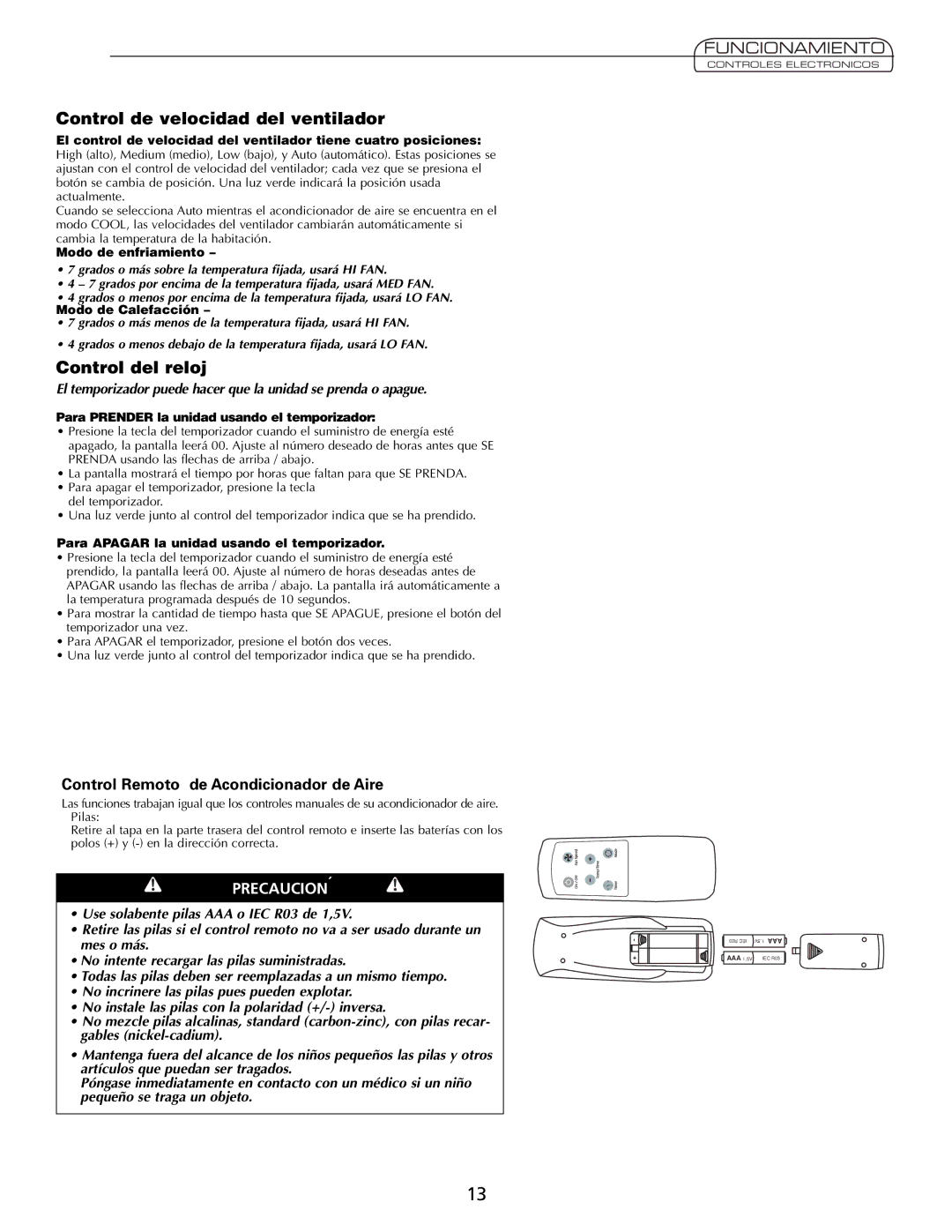 Fedders A7Q08F2B Control de velocidad del ventilador, Control del reloj, Control Remoto de Acondicionador de Aire 