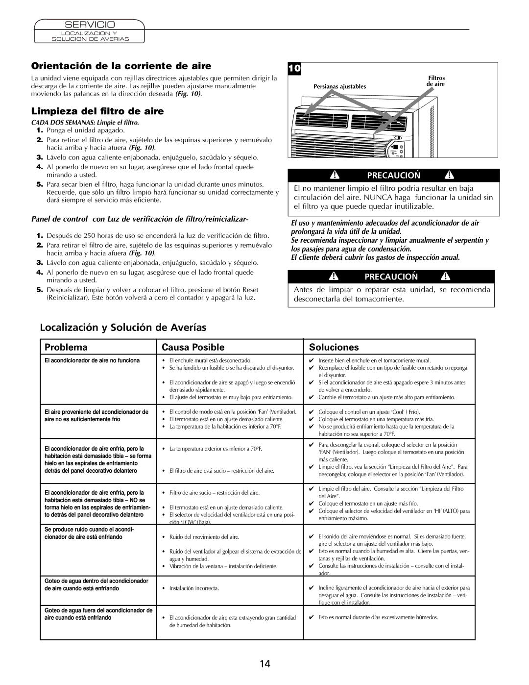 Fedders A7Q08F2B Localización y Solución de Averías, Orientación de la corriente de aire, Limpieza del ﬁltro de aire 