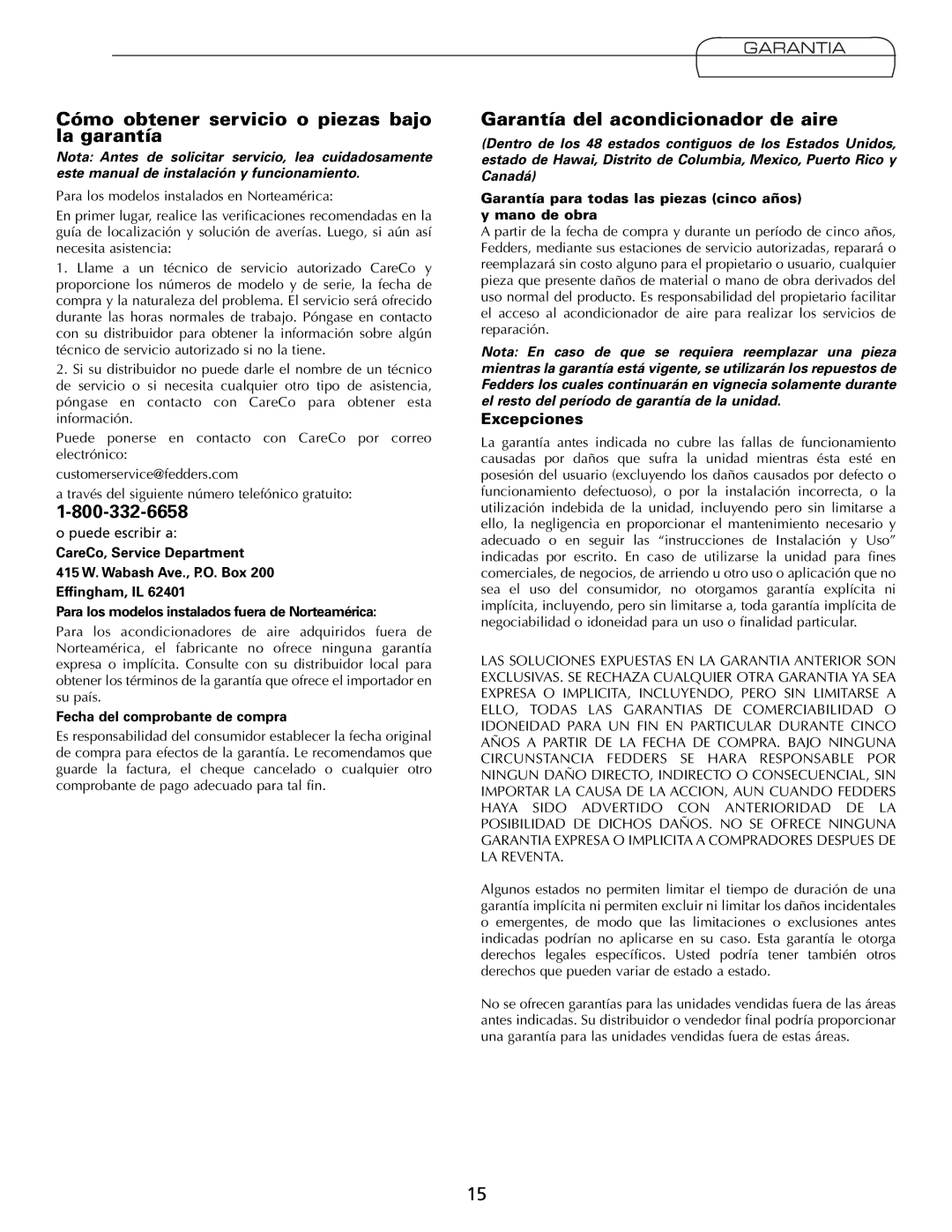 Fedders A7Q08F2B Cómo obtener servicio o piezas bajo la garantía, Garantía del acondicionador de aire, Garantia 