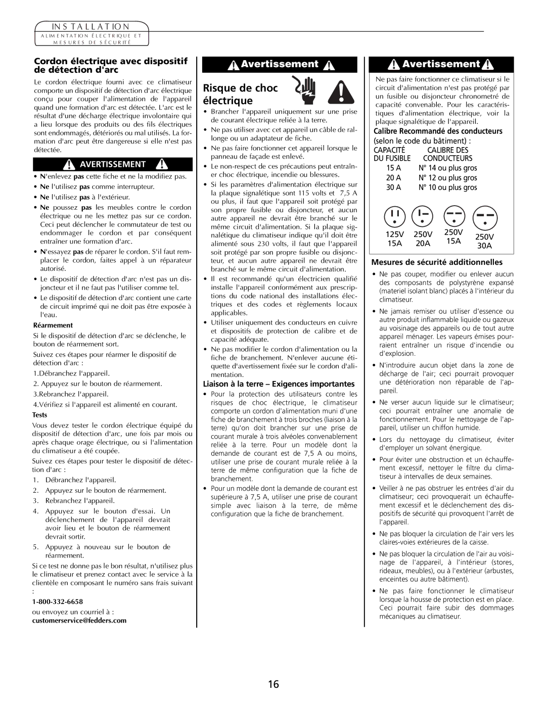 Fedders A7Q08F2B Risque de choc électrique, Cordon électrique avec dispositif de détection darc, Avertissement 