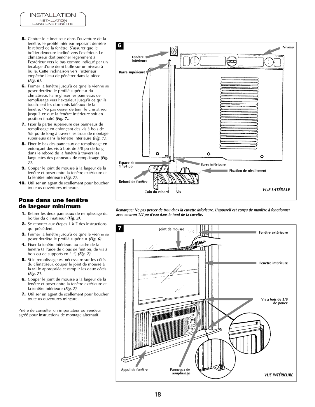 Fedders A7Q08F2B important safety instructions Pose dans une fenêtre de largeur minimum 