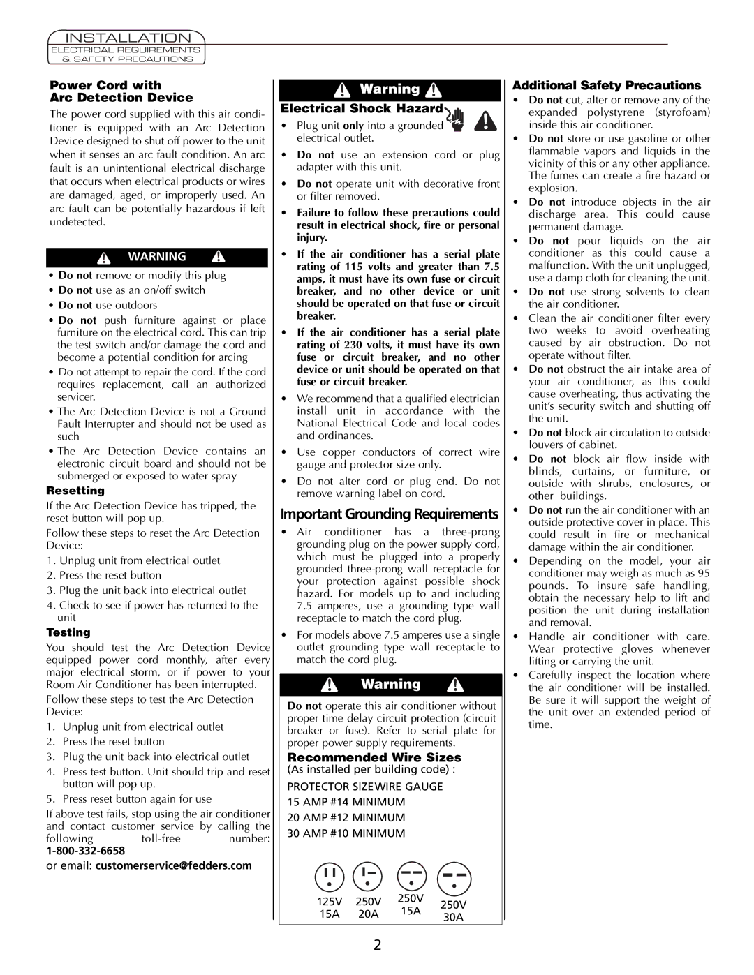 Fedders A7Q08F2B Important Grounding Requirements, Installation, Or email customerservice@fedders.com 