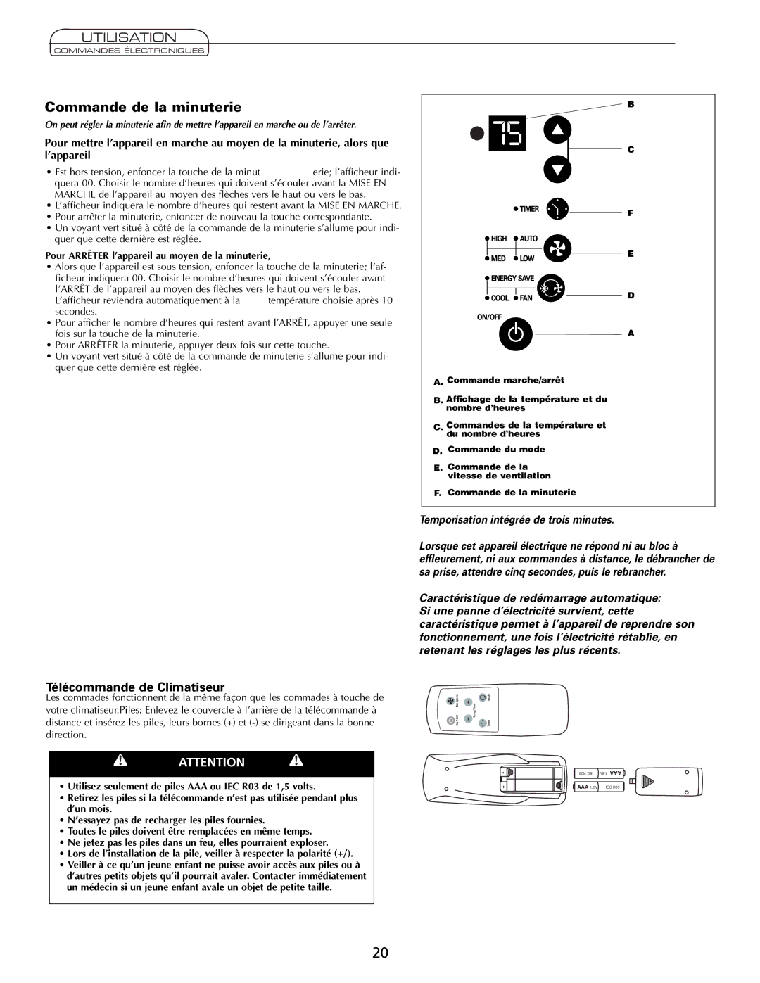 Fedders A7Q08F2B important safety instructions Commande de la minuterie, Télécommande de Climatiseur 