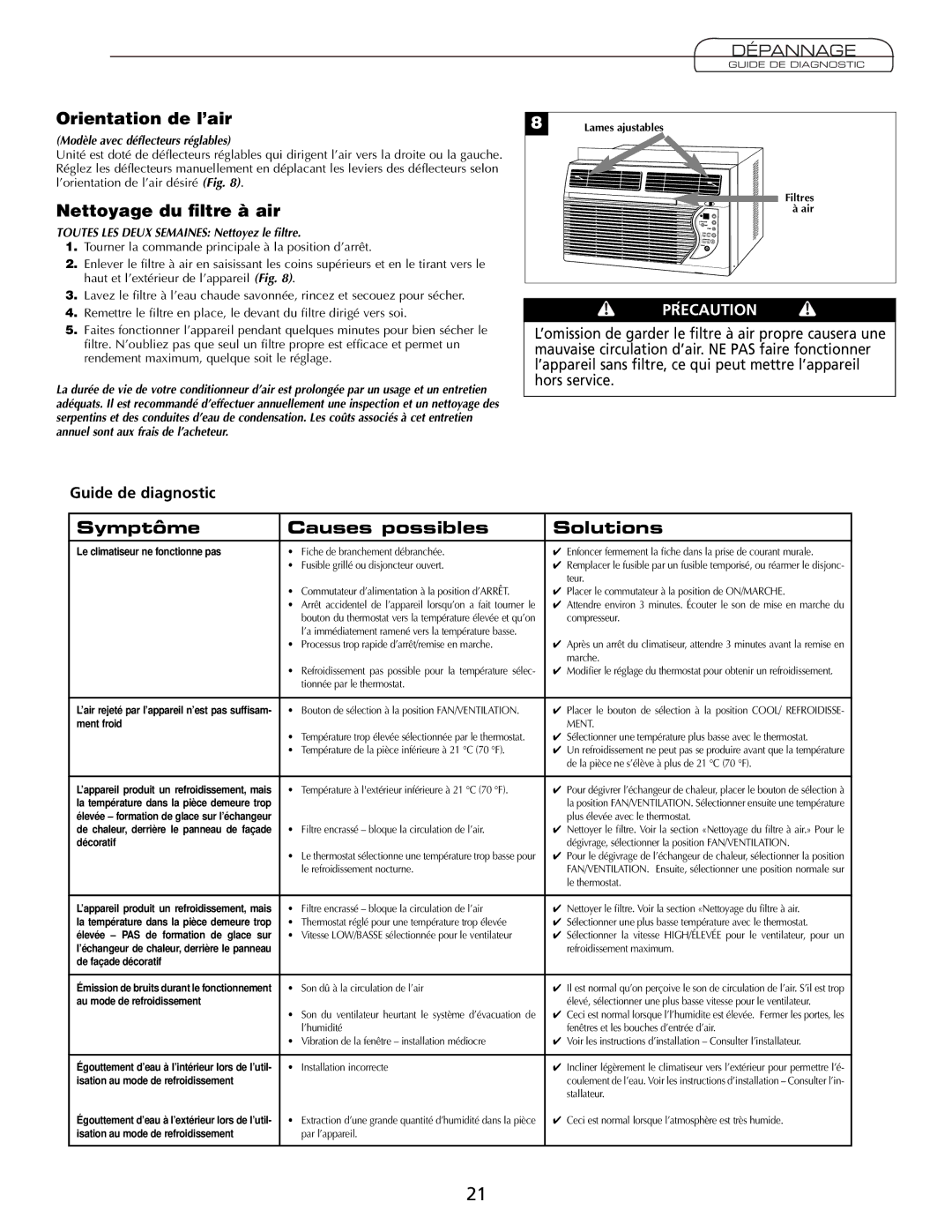 Fedders A7Q08F2B Orientation de l’air, Nettoyage du ﬁltre à air, Symptôme Causes possibles Solutions, Dépannage 