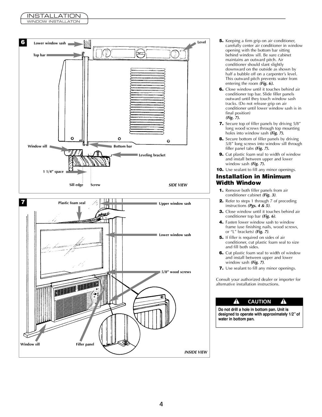 Fedders A7Q08F2B important safety instructions Installation in Minimum Width Window, Inside View 