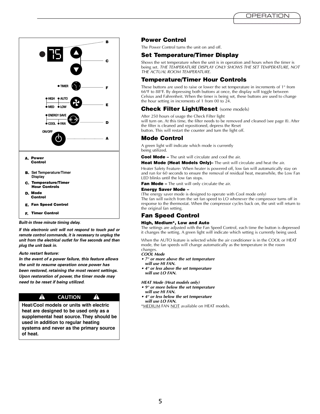 Fedders A7Q08F2B Power Control, Set Temperature/Timer Display, Temperature/Timer Hour Controls, Mode Control 