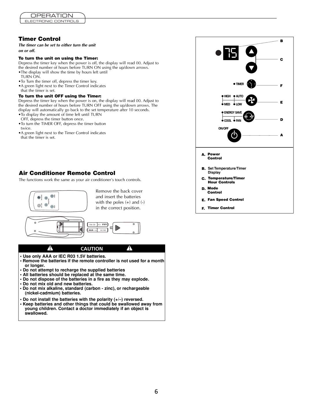 Fedders A7Q08F2B Timer Control, Air Conditioner Remote Control, Timer can be set to either turn the unit on or off 