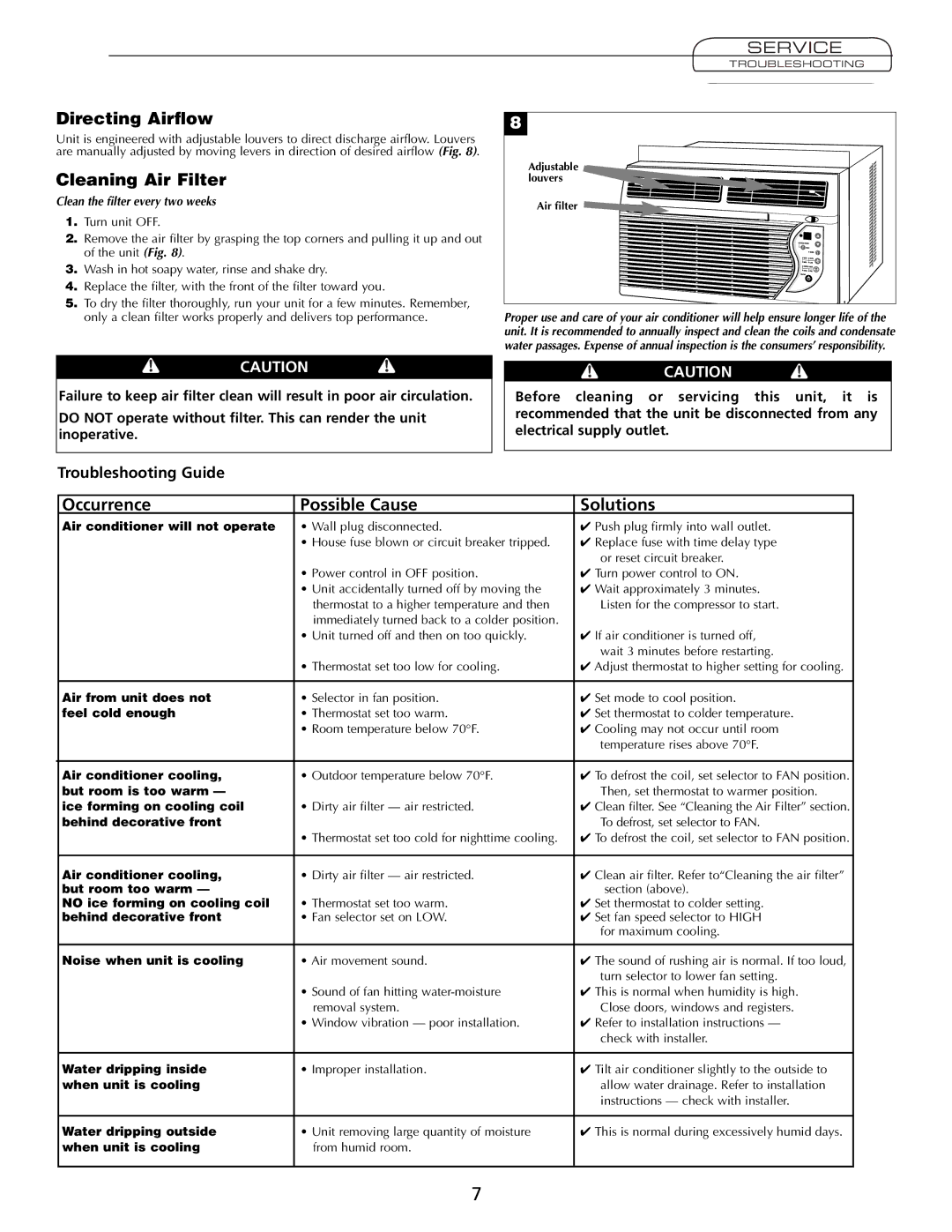 Fedders A7Q08F2B Directing Airﬂow, Cleaning Air Filter, Occurrence Possible Cause Solutions, Service 